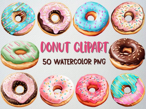 Download Watercolor Donut Clipart Set, 50 PNG - Donut Collection