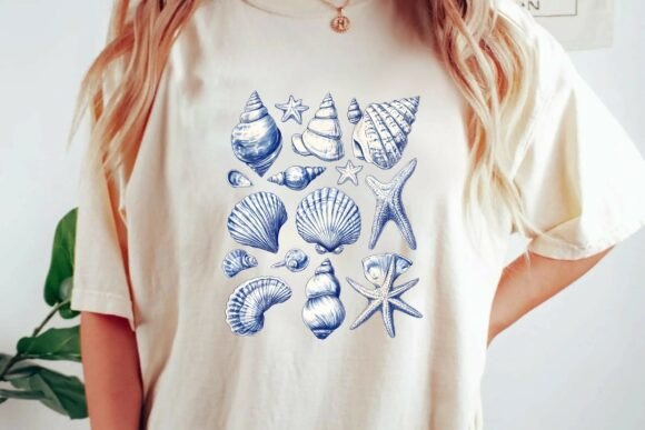 Download Vintage Blue and White Seashell and Starfish Illustration Collection Nautical Clipart Bundle Png - Illustration Collection