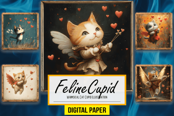 Download Whimsical Cat Cupid Illustration Artwork - Illustration Collection