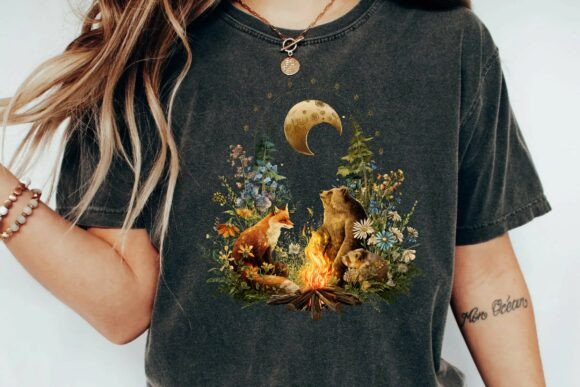 Download Whimsical Woodland Friends Around Campfire Under Crescent Moon Illustration Png - Illustration Collection