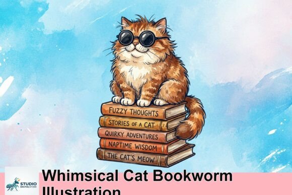 Download Whimsical Cat Bookworm Illustration - Illustration Collection