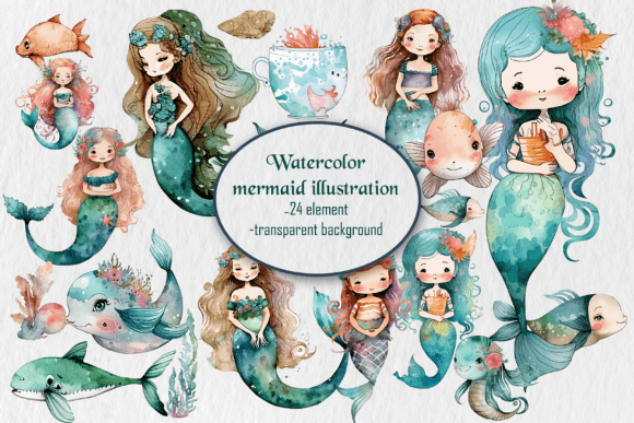 Download Watercolor Cute Mermaid Illustration Png - Illustration Collection